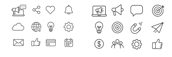 Poster - Collection of outline icons representing communication, technology, and business activities