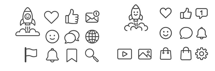Poster - Collection of simple line icons representing various concepts such as communication, technology, and emotion for digital use
