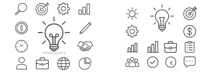 Aufkleber - Creative business concepts represented through simple line art symbols depicting ideas, teamwork, and strategies in a modern setting