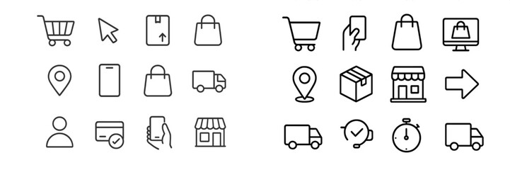 Poster - collection of ecommerce icons depicting shopping, delivery, and consumer interactions in a minimalis