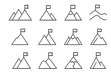 Aufkleber - Various mountain icons with flags representing achievement and exploration in simple line design