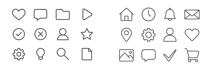 Poster - Collection of simple line icons representing various concepts and actions for digital applications, displayed in two rows