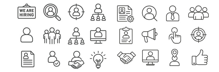 Poster - Hiring process icons showing recruitment, teamwork, and job application activities in a simple graphic style