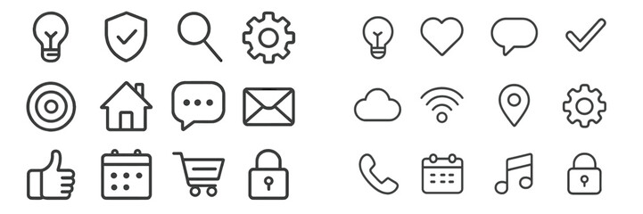 Poster - Collection of simple line icons representing various concepts in digital communication and technology