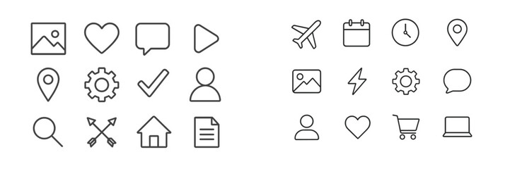 Poster - Collection of outlined symbols representing various activities and concepts used in digital interfaces and applications