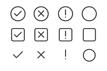 Fototapete - Check marks, crosses, exclamation points, and circles in a simple graphic layout for design purposes