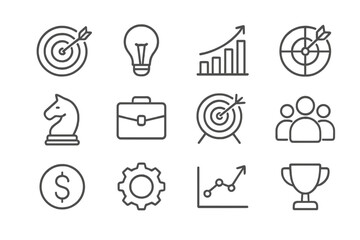 Poster - Modern business icons depicting strategy, growth, and achievement in a minimalist design suitable for professional presentations
