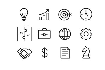Aufkleber - Icons representing business concepts such as strategy, growth, teamwork, and finance in a minimalist design