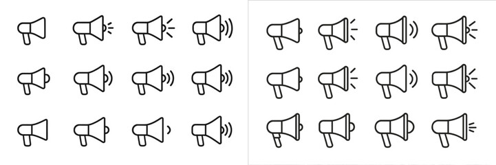 Poster - Design of multiple simple megaphones arranged in a grid format suitable for various communication themes and creative projects