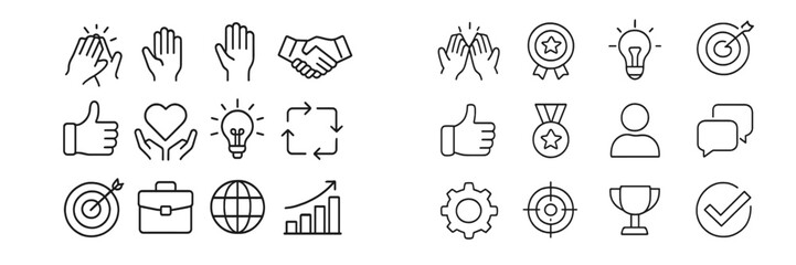 Poster - Collection of diverse symbols representing teamwork, achievement, communication, and business concepts in a minimalist style