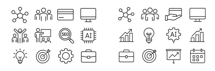 Aufkleber - Exploring various icons representing business concepts, technology, and teamwork in a linear design format