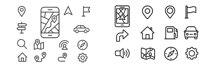 Poster - Collection of various navigation icons representing maps, vehicles, and location markers in a modern design