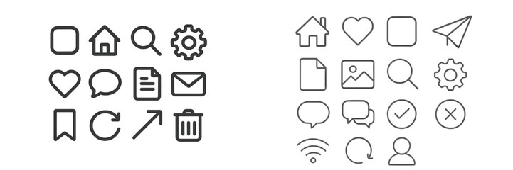 Poster - Collection of simple black line icons representing various digital interface elements on a clean white background