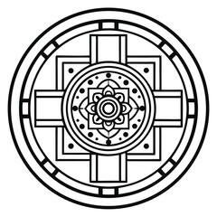 Poster - Detailed Geometric Mandala: Intricate Circular Design with Central Flower, Cross Shape and Ornate Border, Black and White Vector Illustration for Coloring Pages.