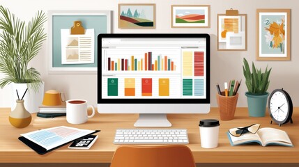 Poster - Cozy and organized workspace with a computer and productivity tools displayed