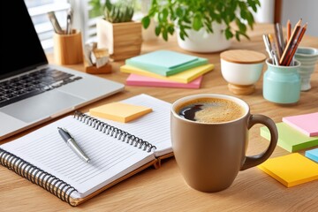 Poster - Work desk with organized supplies, laptop, and coffee mug for productivity