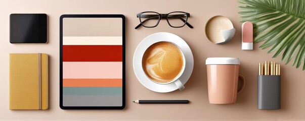 Poster - Flat lay of modern workspace with tablet, coffee cup, and accessories
