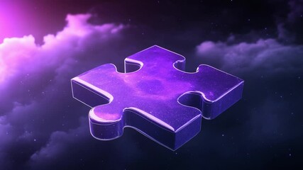 Aufkleber - Purple Galaxy Jigsaw Piece: A single, 3D-rendered purple jigsaw piece glows with an inner galaxy, set against a backdrop of dark purple clouds and a distant light source.
