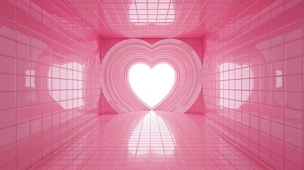 Poster - Pink Tile Corridor Heart Shaped Archway Bright Light Interior Design Room tiles