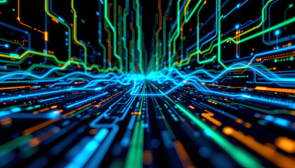 Poster - Futuristic digital landscape with glowing lines and circuits creating vibrant atmosphere