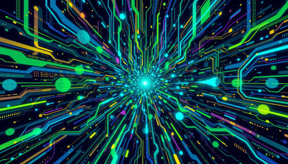 Poster - Colorful digital explosion with vibrant lines and circles creating dynamic effect