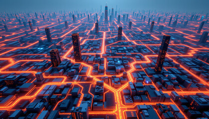 Poster - Futuristic cityscape with glowing neon lines and skyscrapers at night