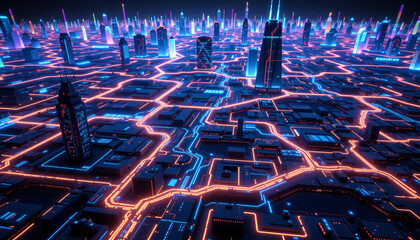 Poster - vibrant digital cityscape with glowing neon lights and intricate pathways creates futuristic
