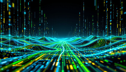 Poster - Vibrant abstract landscape with flowing lines and glowing elements, evoking sense of digital