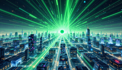 Poster - vibrant futuristic cityscape with green light beams radiating from central point, creating