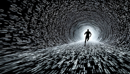 Poster - Digital Runner in a Data Tunnel. A silhouette of a runner moving through a tunnel made of digital data streams, representing speed and technology