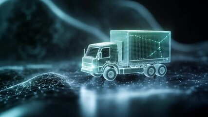 Poster - Digital Truck Delivery: A futuristic, digitally rendered image of a delivery truck, glowing with vibrant teal energy, traverses a dark, abstract landscape.  The truck symbolizes efficient.