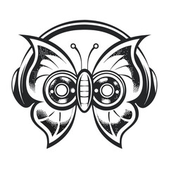 Poster - Stylized Butterfly with Headphones, Abstract Design, Black and White Illustration - Unique Graphic for Music, Audio, and Nature Concepts, Artistic and Modern