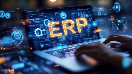 Poster - In a sleek digital workspace, a user interacts with an advanced interface displaying ERP software features. Illuminated elements create a futuristic atmosphere, emphasizing innovation.