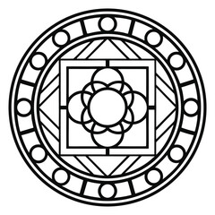 Poster - Intricate Geometric Mandala Design: Circular Pattern with Square, Circles, and Triangles in Black and White, Minimalist Line Art for Spiritual or Decorative Use.