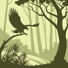 eagle silhouette taking flight from a branch in a dense forest with tall trees and lush vegetation