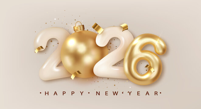 2026 Happy New Year Realistic 3d number with golden Christmas bauble. Merry Christmas 2026 luxury greeting card.