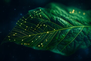 Poster - Abstract Green Leaf Nature Digital Art Background Technology Circuit Board Pattern Design Illustration Graphic Image Modern Futuristic Style Vibrant Emerald Green Yellow Glowing Lines Network         