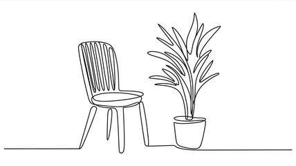 Poster - Single line drawing of chair and houseplant