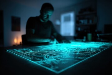 Poster - Innovative designer working on a glowing circuit map at a dimly lit workspace during the evening