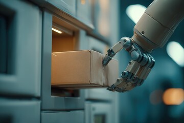 Poster - Robotic hand retrieving a package from a locker in a modern warehouse during evening hours