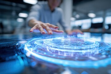Poster - Interactive holographic display for data visualization in a modern office setting during the workday
