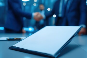 Poster - Business professionals engaging in handshake negotiation in modern conference room setting