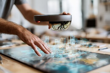 Poster - Hands interact with augmented reality architecture model in a modern workspace