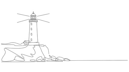 Poster - Single line drawing lighthouse on a cliff