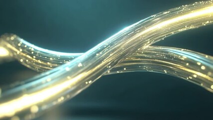 Poster - Fiber Optics - The Gateway to Future: An abstract representation of two intertwined fiber optic cables, illuminated with shimmering light.