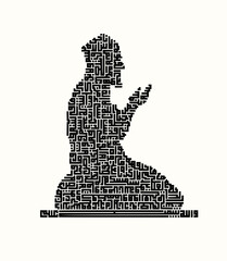 Leinwandbilder - Minimilist stylized silhouette of a kneeling figure in prayer formed by intricate arabic calligraphy design art vector