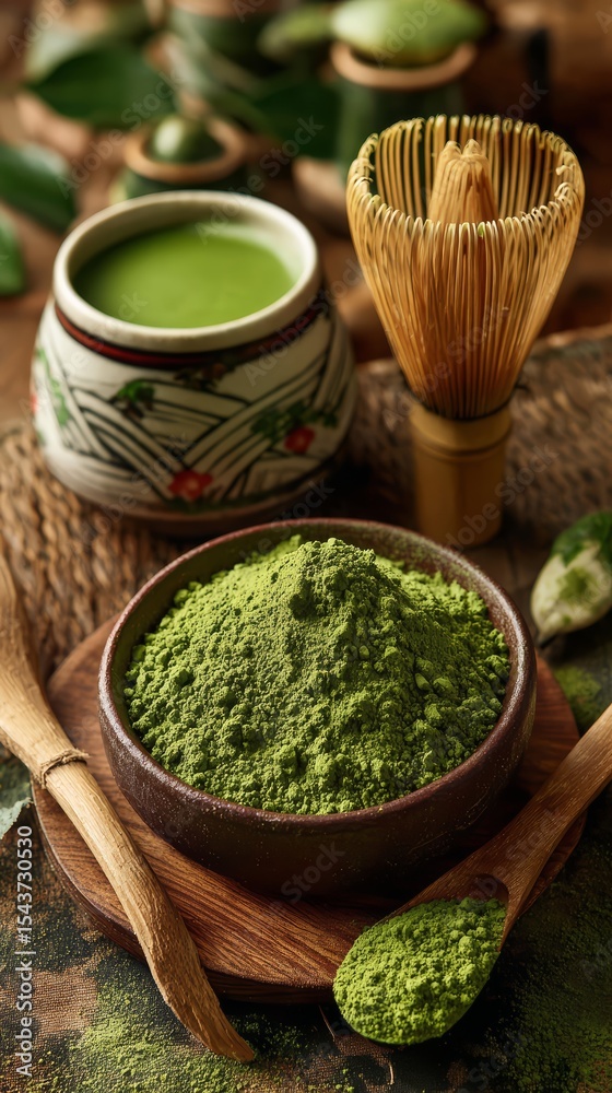 Ground matcha preparation with traditional tools, cultural backdrop ...