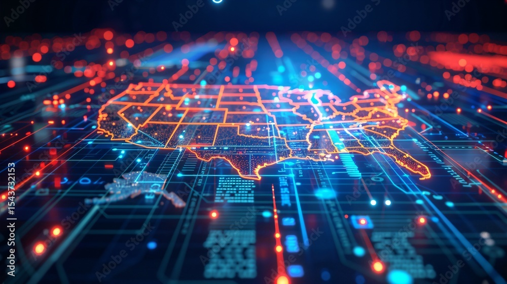 Digital map of the United States with glowing data points and light ...