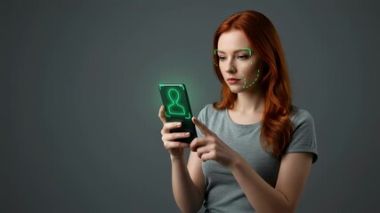 Poster - Woman using smartphone with facial recognition technology. Concept of biometric identification, artificial intelligence. Cyber security footage.