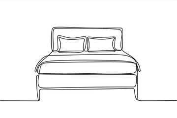Poster - Single line drawing of a made bed with pillows